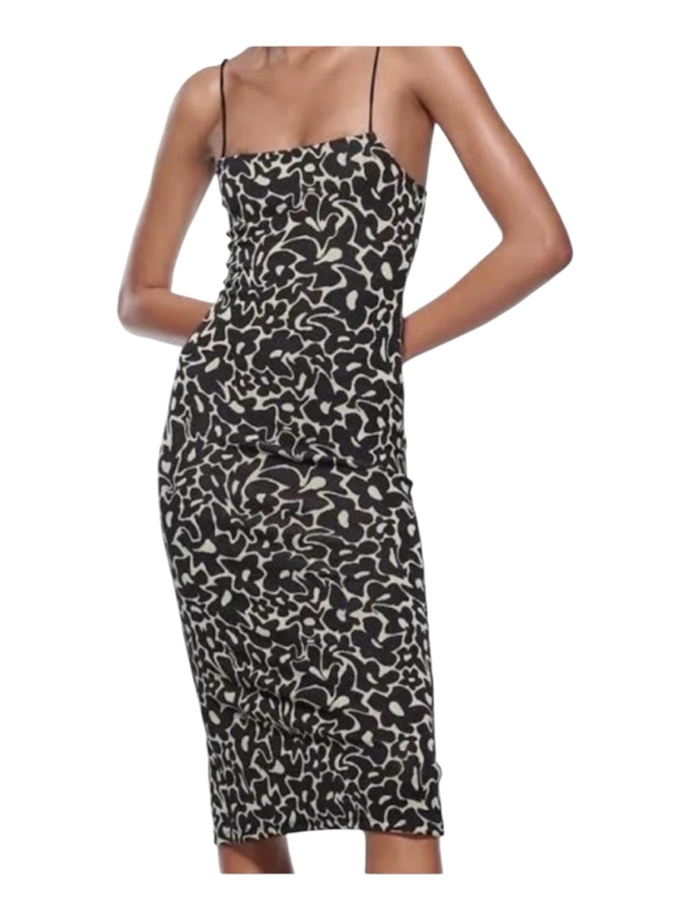 Zara Black and Cream Floral Slip Midi Dress